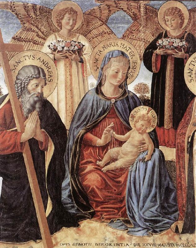 GOZZOLI, Benozzo Madonna and Child between Sts Andrew and Prosper (detail) fg oil painting image